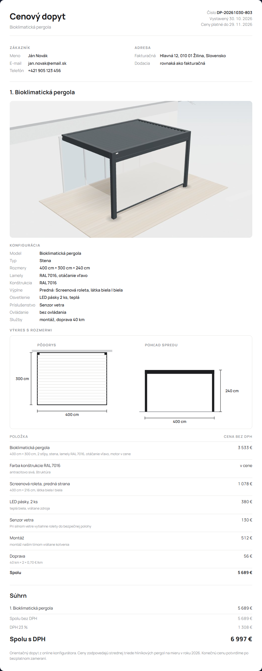 Skutočný cenový dopyt z konfigurátora: bioklimatická pergola 400 × 300 cm pri stene, screenová roleta vpredu, LED pásky, senzor vetra, montáž a doprava, spolu 6 997 € s DPH, s 3D náhľadom a výkresom s rozmermi